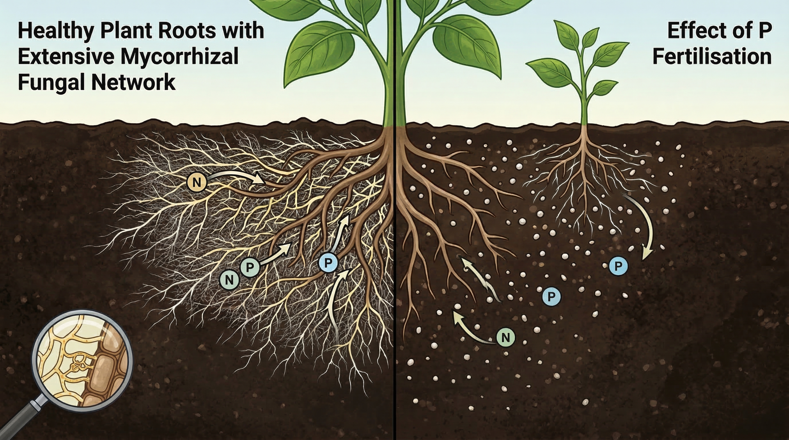 Mycorrhizal fungi network on plant roots suppressed by excess phosphorus