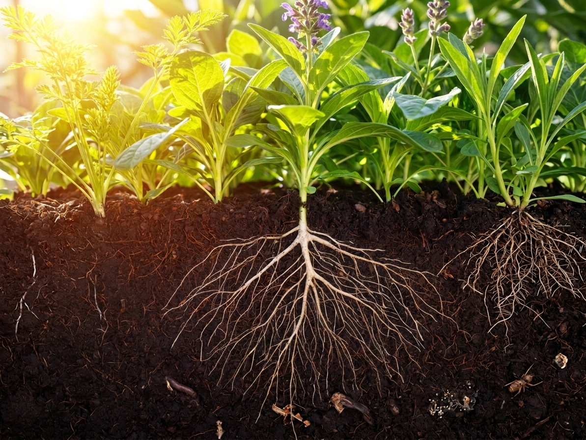 Soil cross-section showing root exudates feeding microbes and building soil carbon